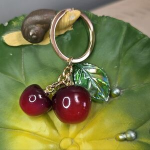 Cherry Keychain Bag Charm with Green Leaf Accent, NEW